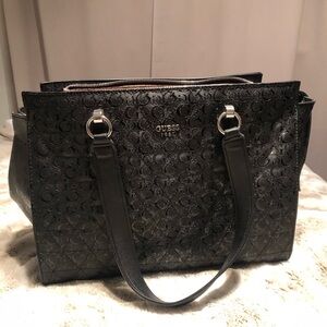 NWT- Guess Black Textured Tote Bag with Silver Hardware